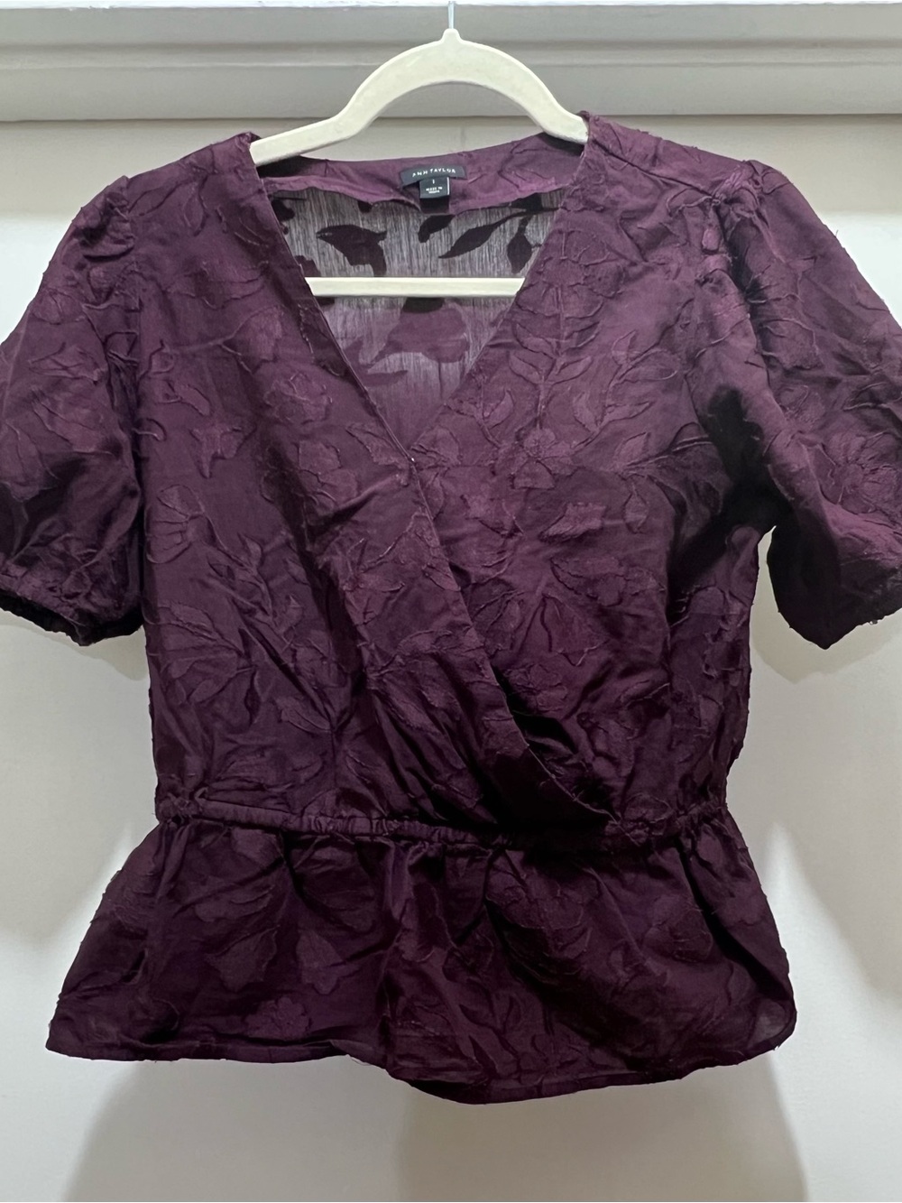 Ann Taylor Plum Textured Wrap Peplum Blouse